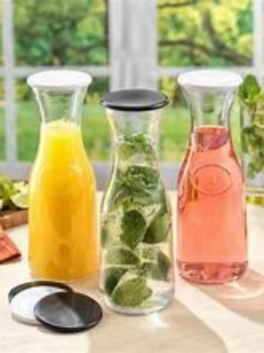Joyjolt Hali Glass Carafe Bottle Pitcher with 6 Lids - 36 Oz - Set of 3